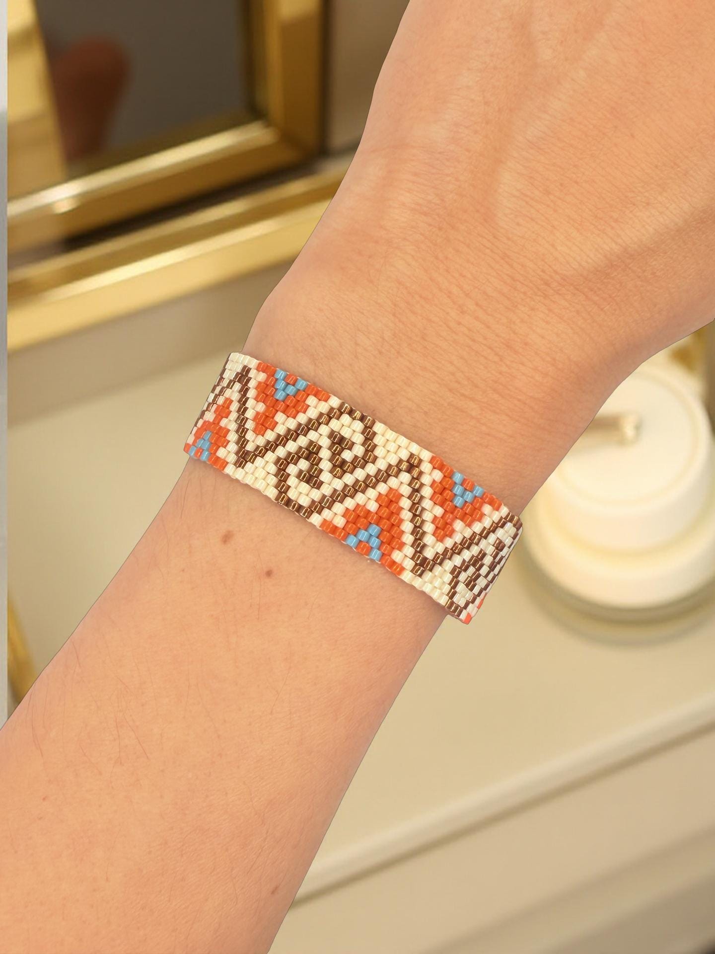Handmade Boho Beaded Bracelet – Ethnic Pattern Bracelet in Copper & Orange – Geometric Jewelry – Gift for Women