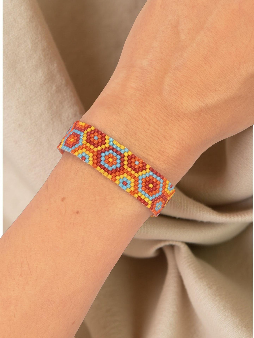 Handmade Mandala Beaded Bracelet – Boho Ethnic Bracelet in Orange & Blue – Spiritual Jewelry – Summer Accessory