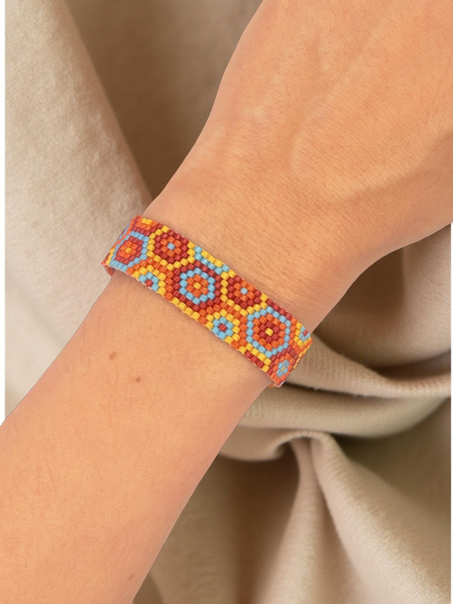 Handmade Mandala Beaded Bracelet – Boho Ethnic Bracelet in Orange & Blue – Spiritual Jewelry – Summer Accessory