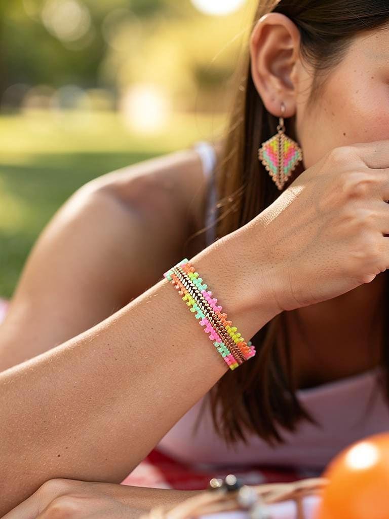 Colorful Gold Neon Jewelry Set – Handmade Boho Bracelet & Diamond Earrings – Festival Jewelry – Spiritual Beaded Jewelry