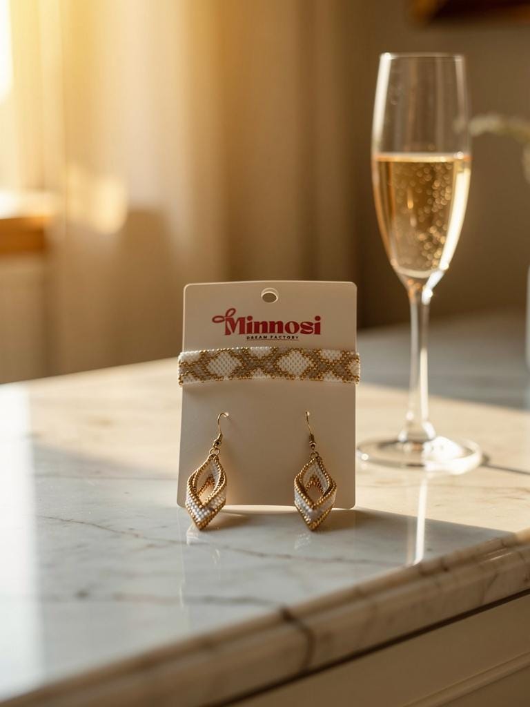 Handmade Gold and White Jewelry Set – Boho Bracelet & Drop Earrings – Elegant Pearl Jewelry – Gift for Women – Spiritual Style