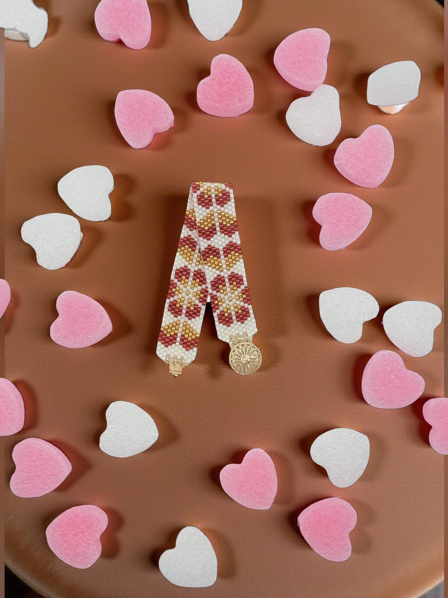 Miyuki bracelet with rose gold floral pattern | Handmade beaded bracelet | Boho jewelry | Gift for her