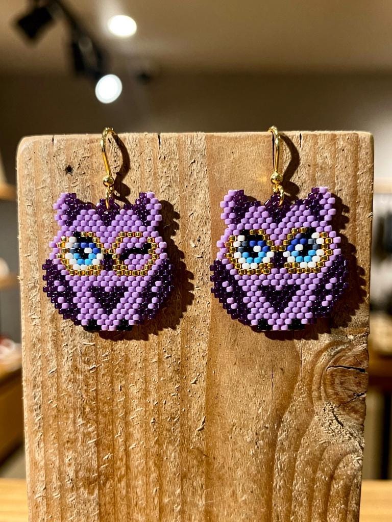 Purple Owl Earrings – Handmade Miyuki Beads Earrings, Cute Animal Earrings, Waving Owl, Seed Beads Jewelry, Gift for Her