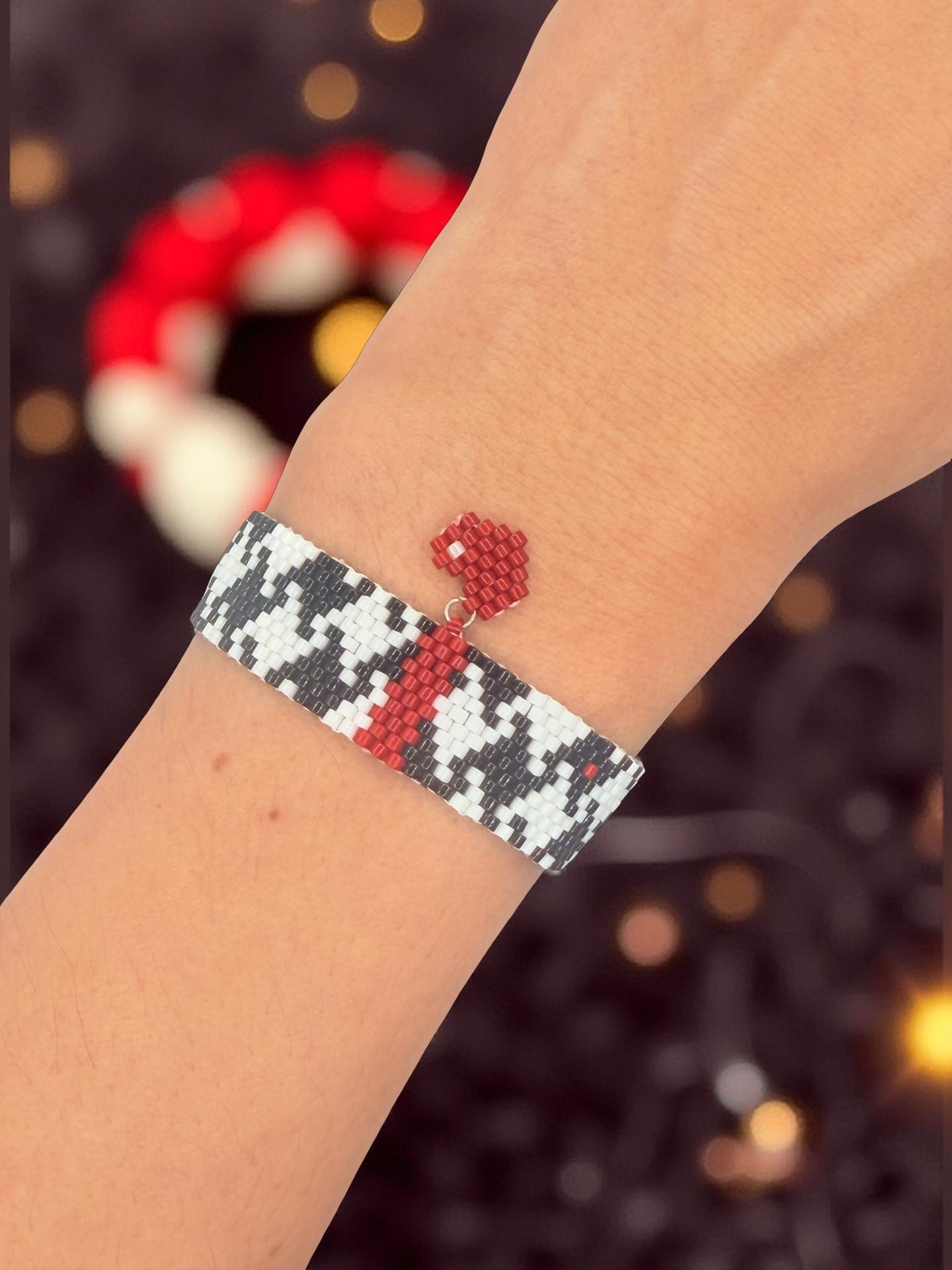 Miyuki Houndstooth Bracelet | Black and White Beaded Bracelet with Red Heart | Handmade Jewelry
