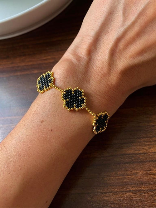 Handmade Black and Gold Jewelry Set – Boho Bracelet & Earrings – Geometric Beaded Jewelry – Elegant Gift for Women