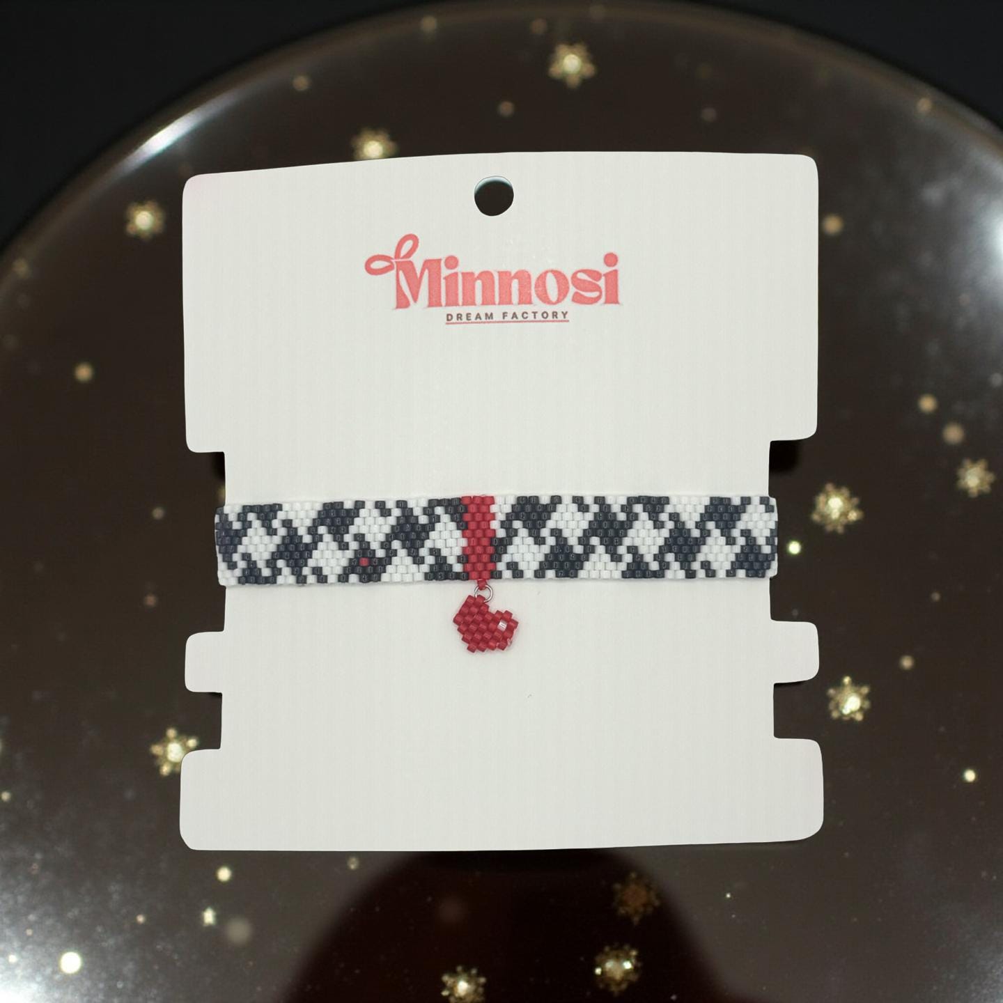 Miyuki Houndstooth Bracelet | Black and White Beaded Bracelet with Red Heart | Handmade Jewelry
