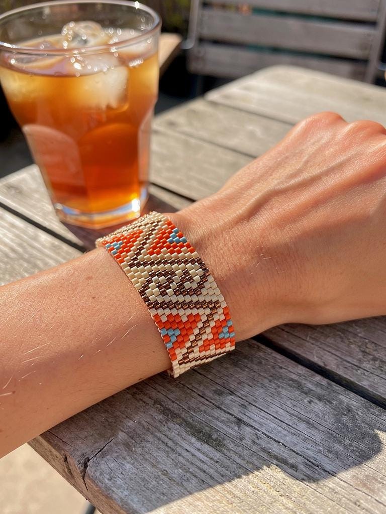 Handmade Boho Beaded Bracelet – Ethnic Pattern Bracelet in Copper & Orange – Geometric Jewelry – Gift for Women