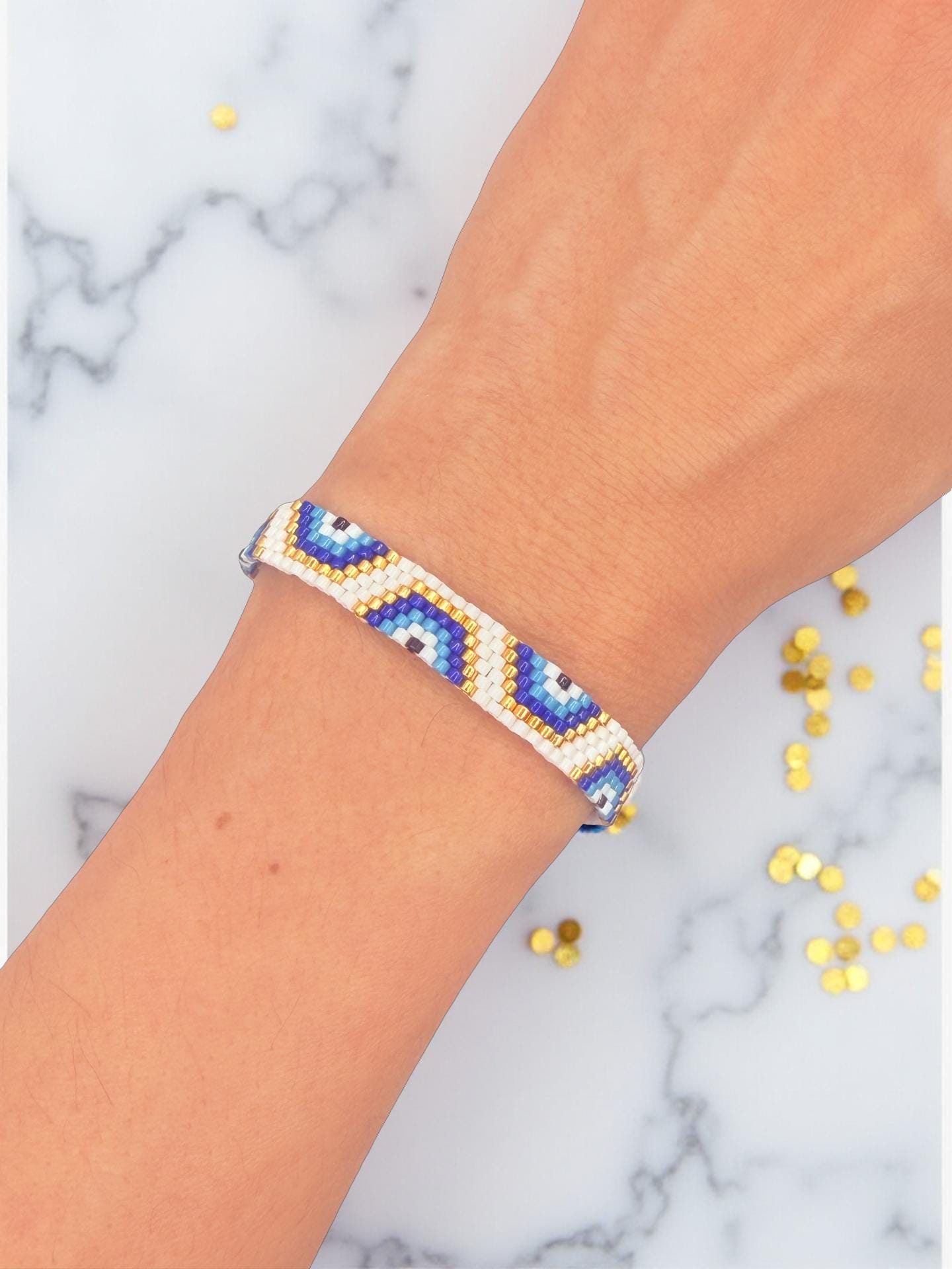 Handmade Miyuki Bracelet – Boho Jewelry – Beaded Bracelet in Blue & Gold – Ethnic Bracelet – Gift for Her – Adjustable Size