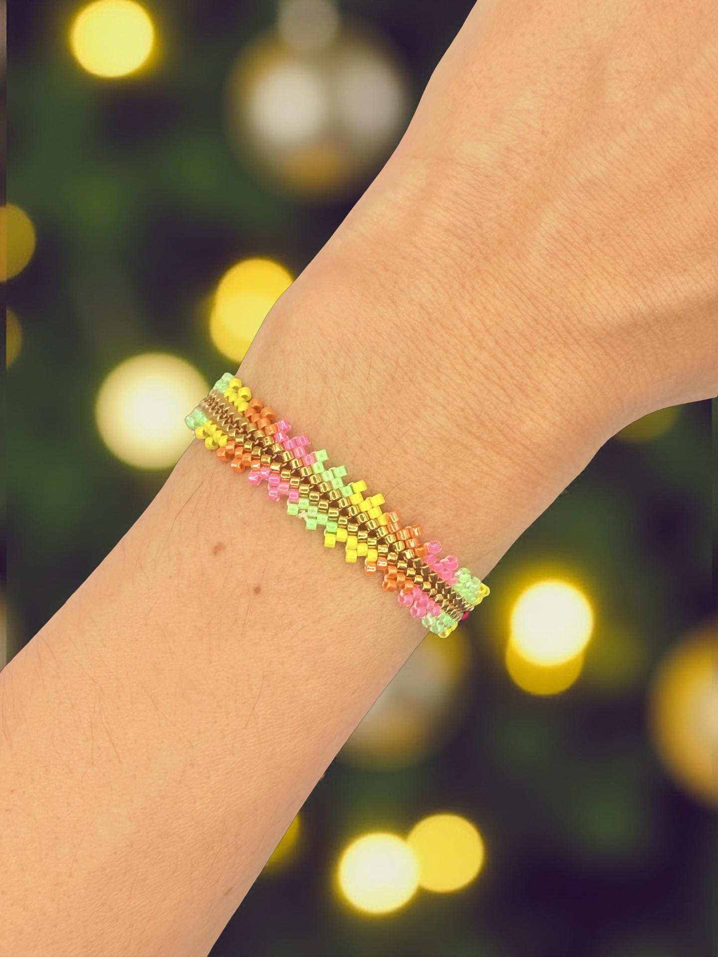 Colorful Gold Neon Jewelry Set – Handmade Boho Bracelet & Diamond Earrings – Festival Jewelry – Spiritual Beaded Jewelry