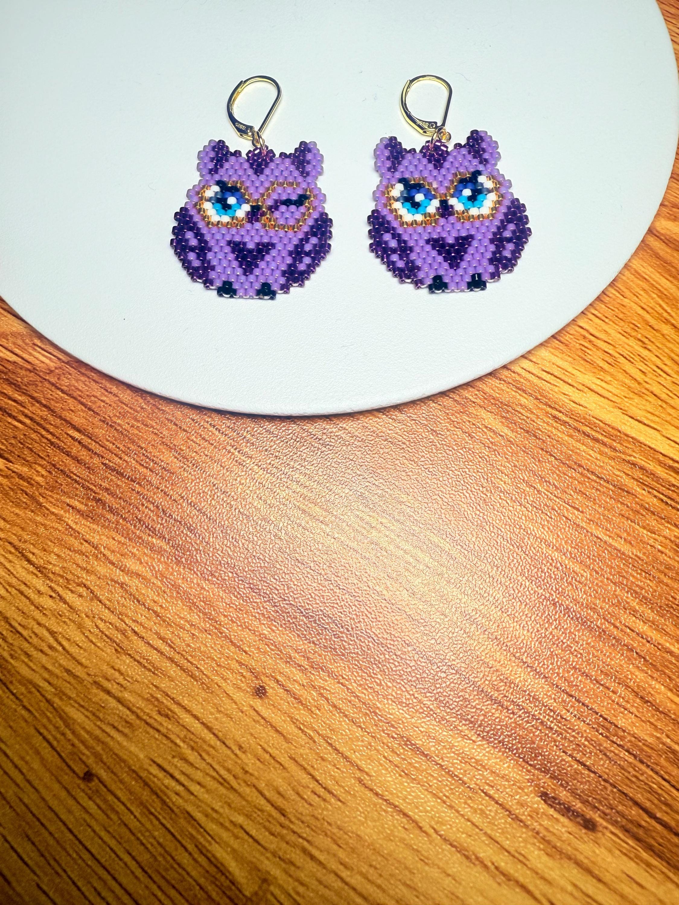 Purple Owl Earrings – Handmade Miyuki Beads Earrings, Cute Animal Earrings, Waving Owl, Seed Beads Jewelry, Gift for Her