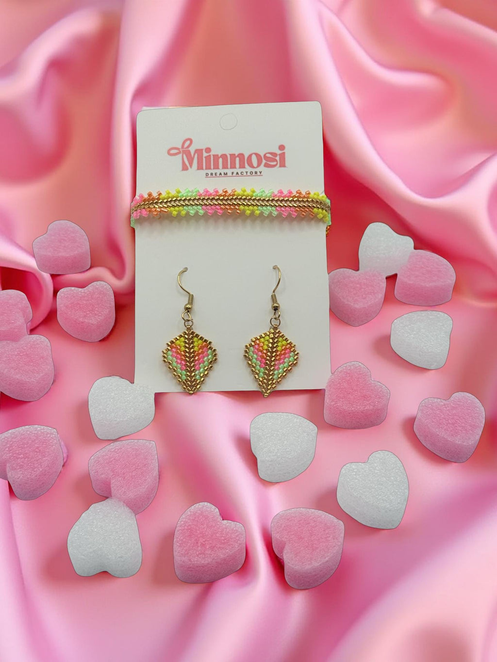 Colorful Gold Neon Jewelry Set – Handmade Boho Bracelet & Diamond Earrings – Festival Jewelry – Spiritual Beaded Jewelry