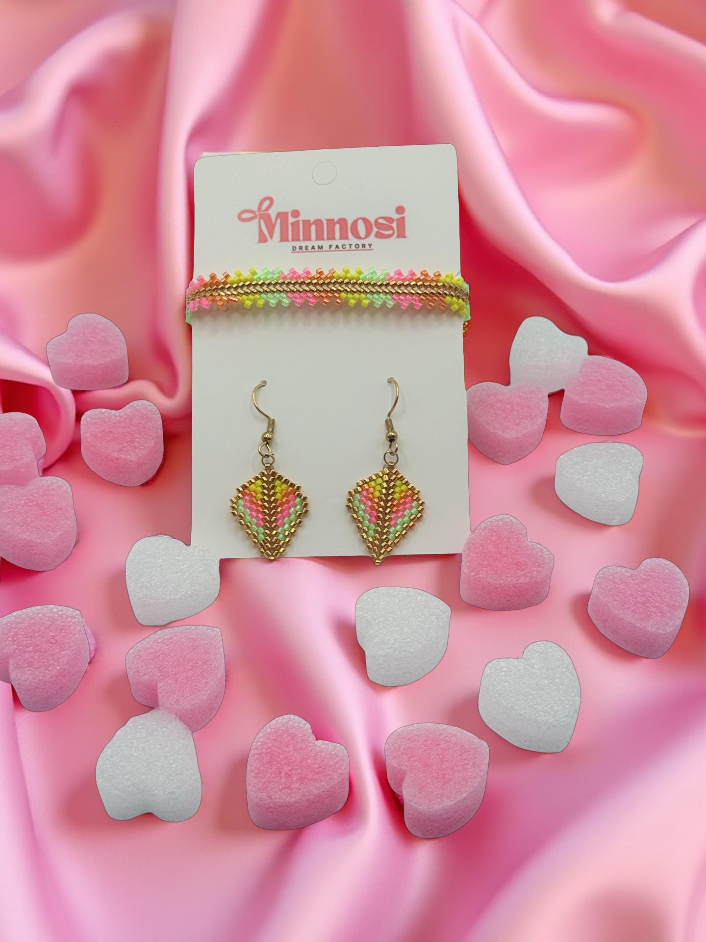 Colorful Gold Neon Jewelry Set – Handmade Boho Bracelet & Diamond Earrings – Festival Jewelry – Spiritual Beaded Jewelry