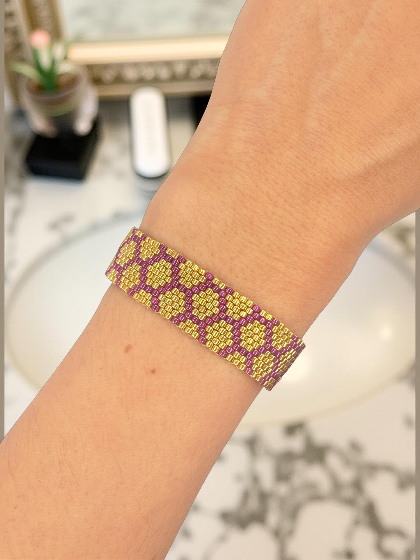 Handmade Pearl Bracelet Gold Violet – Boho Elegant Bracelet – Spiritual Jewelry – Gift for Women