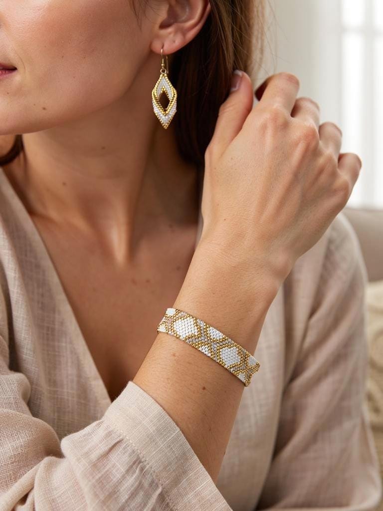 Handmade Gold and White Jewelry Set – Boho Bracelet & Drop Earrings – Elegant Pearl Jewelry – Gift for Women – Spiritual Style