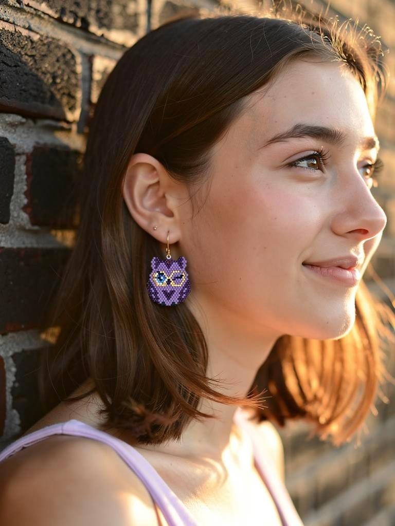 Purple Owl Earrings – Handmade Miyuki Beads Earrings, Cute Animal Earrings, Waving Owl, Seed Beads Jewelry, Gift for Her