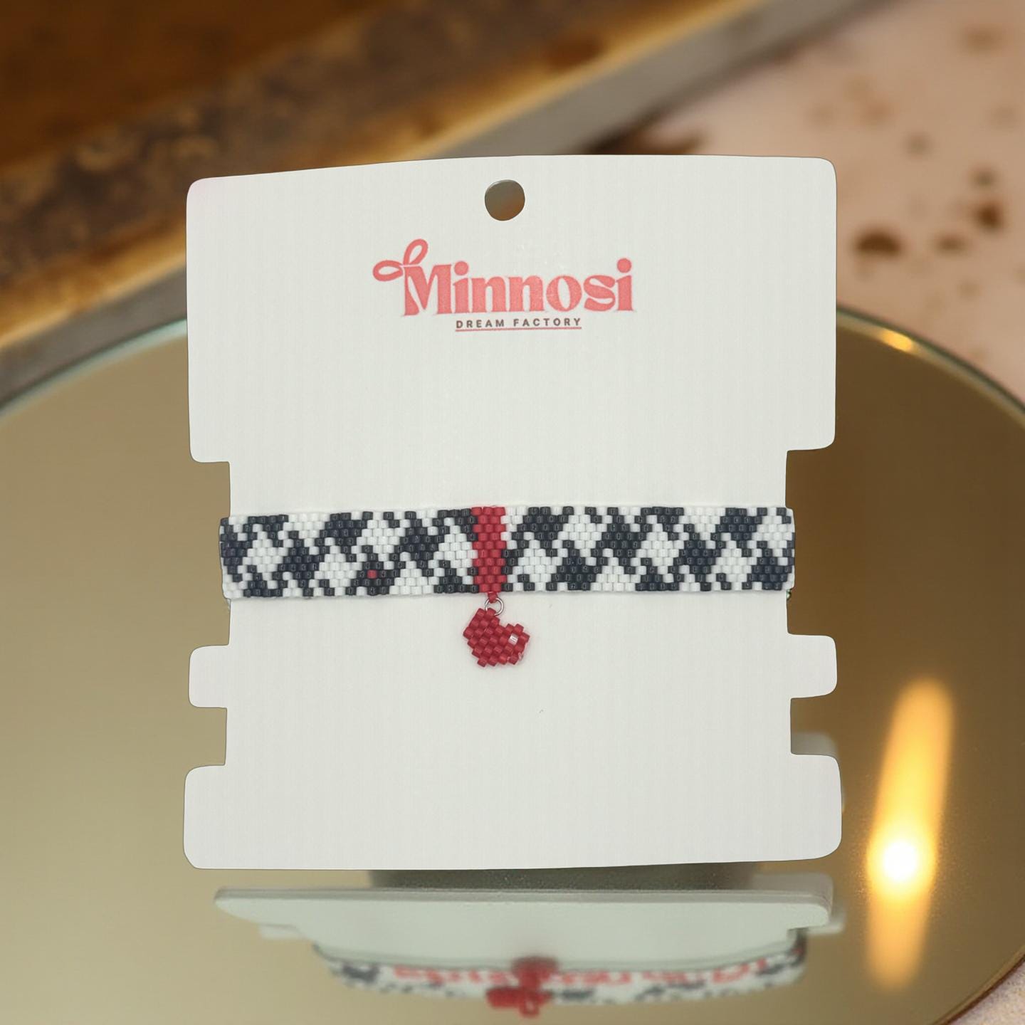Miyuki Houndstooth Bracelet | Black and White Beaded Bracelet with Red Heart | Handmade Jewelry
