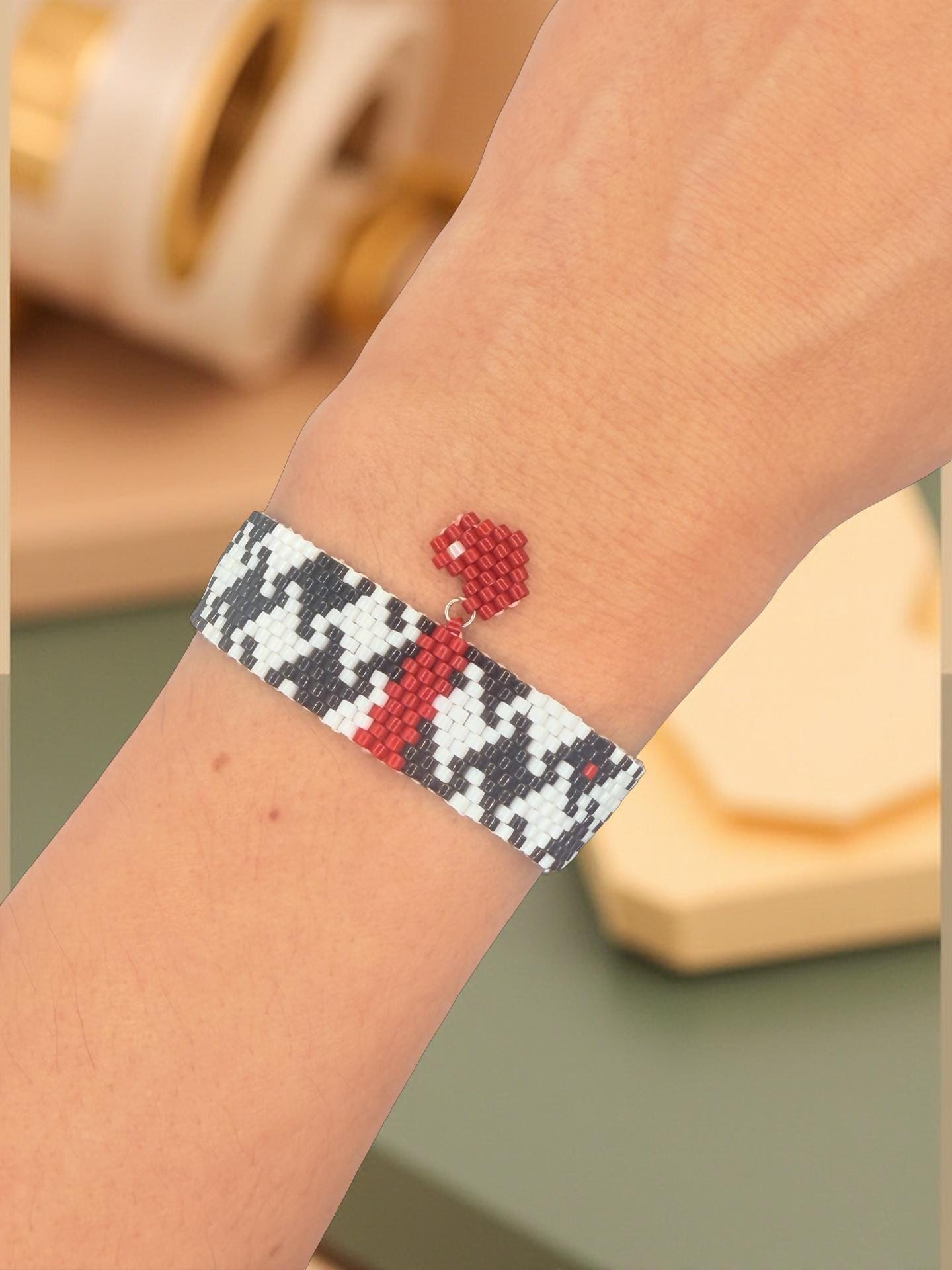 Miyuki Houndstooth Bracelet | Black and White Beaded Bracelet with Red Heart | Handmade Jewelry