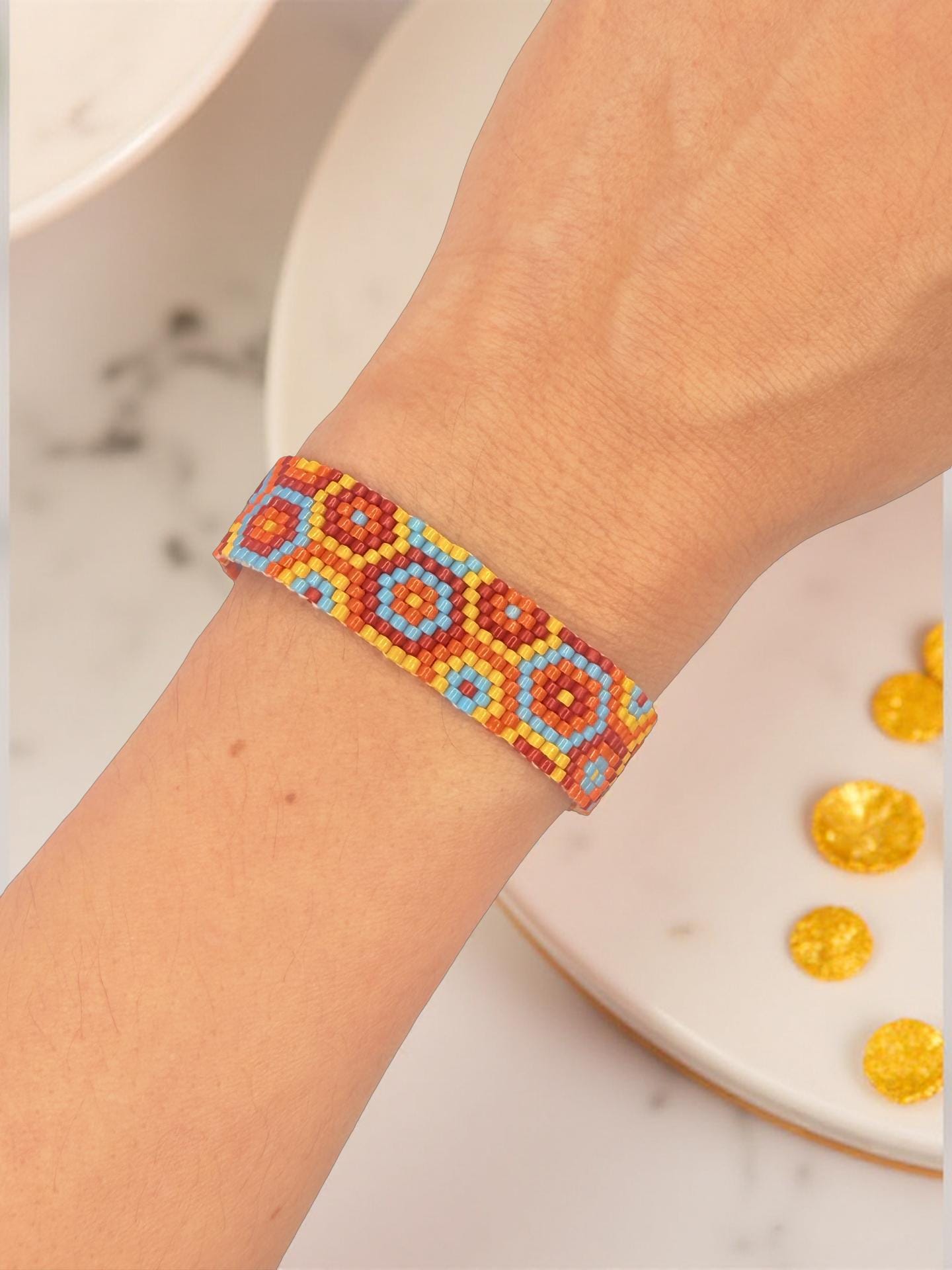 Handmade Mandala Beaded Bracelet – Boho Ethnic Bracelet in Orange & Blue – Spiritual Jewelry – Summer Accessory