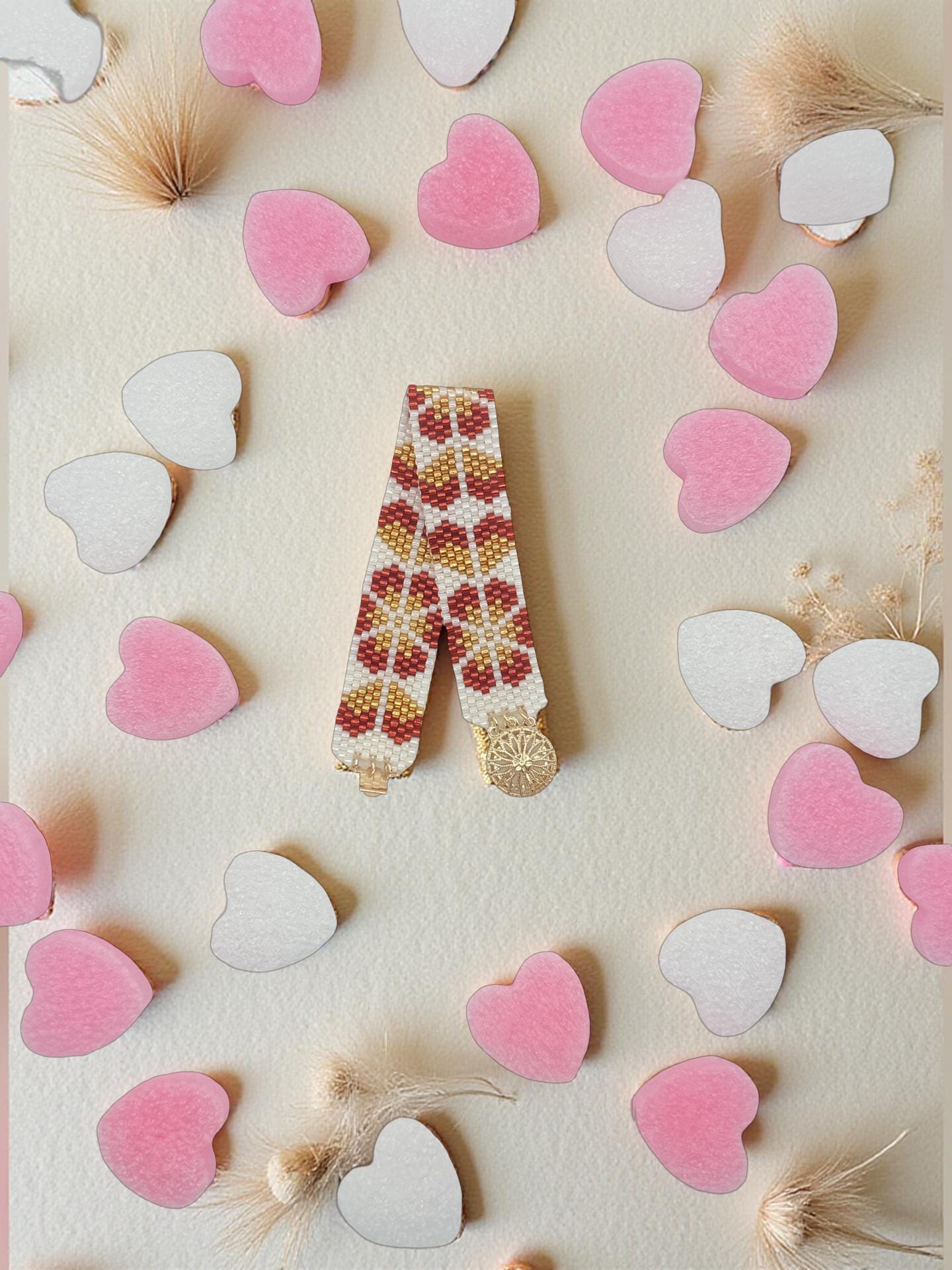 Miyuki bracelet with rose gold floral pattern | Handmade beaded bracelet | Boho jewelry | Gift for her