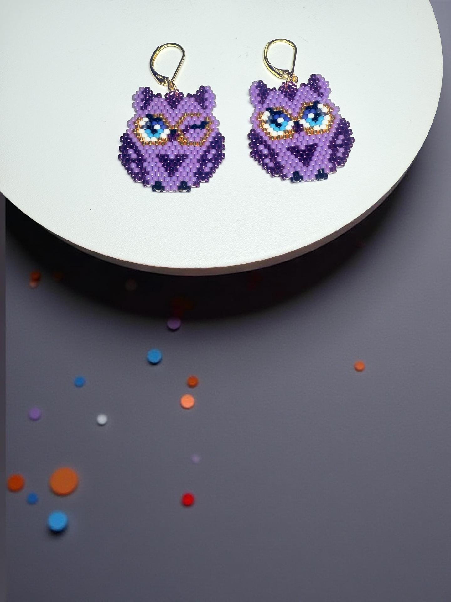 Purple Owl Earrings – Handmade Miyuki Beads Earrings, Cute Animal Earrings, Waving Owl, Seed Beads Jewelry, Gift for Her