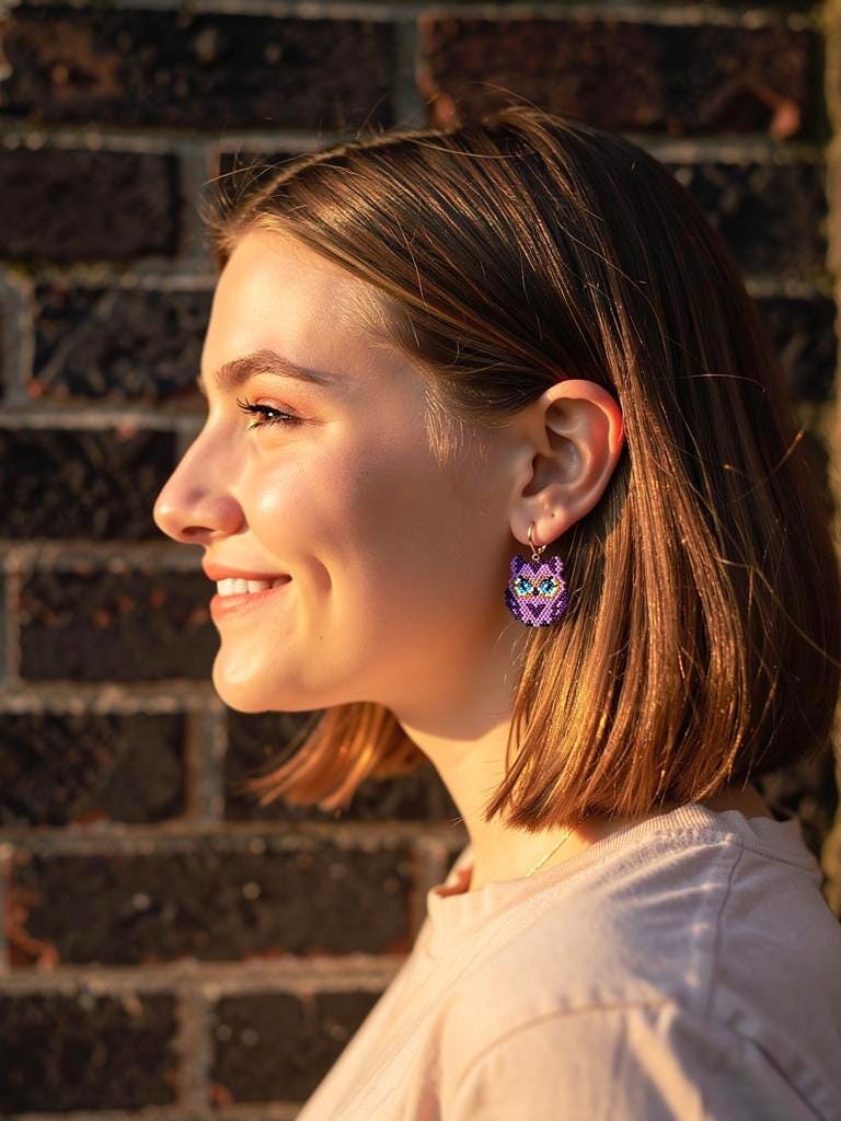 Purple Owl Earrings – Handmade Miyuki Beads Earrings, Cute Animal Earrings, Waving Owl, Seed Beads Jewelry, Gift for Her